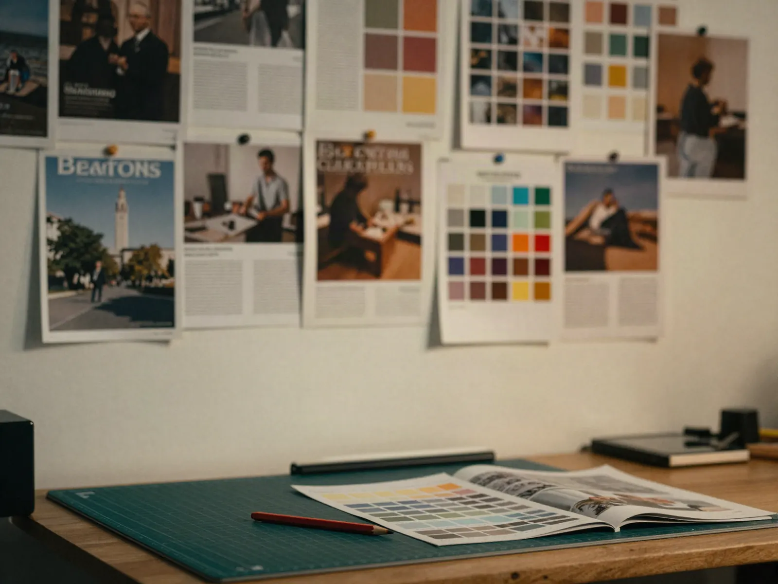 A studio wall of pinned page proofs and colour swatches