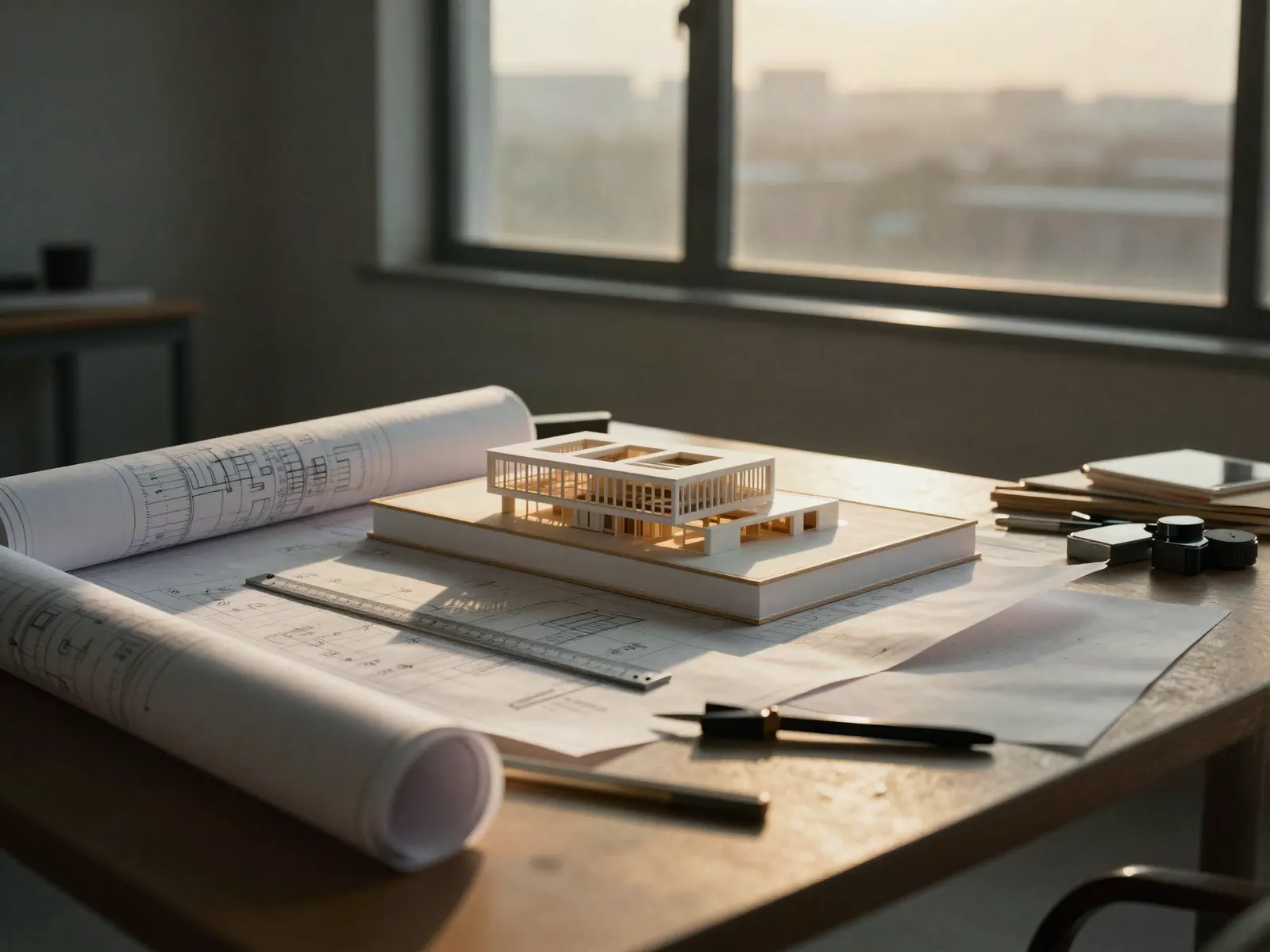 An architect's desk with blueprints and a white scale model in morning light