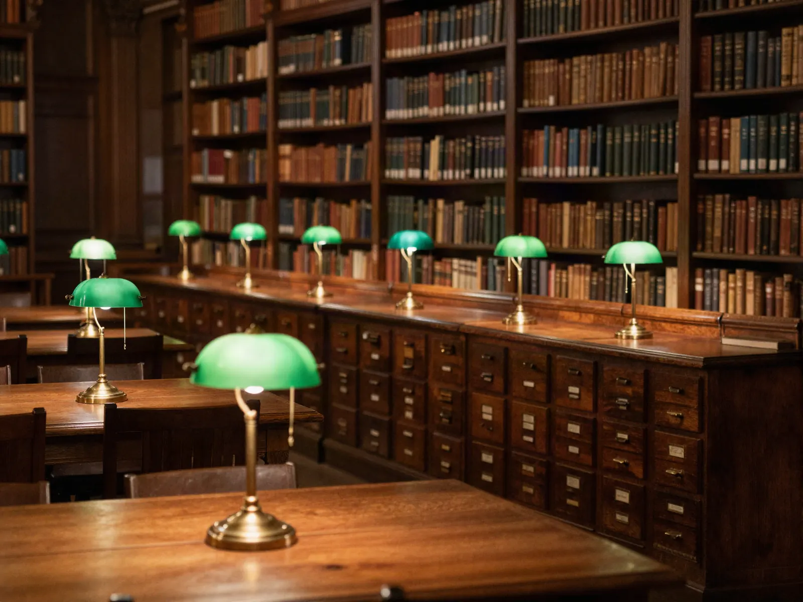 A library reading room with green banker lamps and a wooden card catalogue