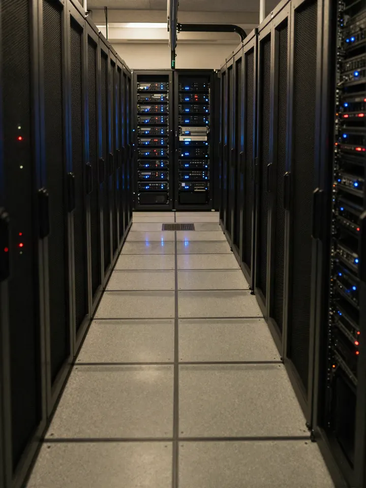 A long aisle of server racks with blue status lights